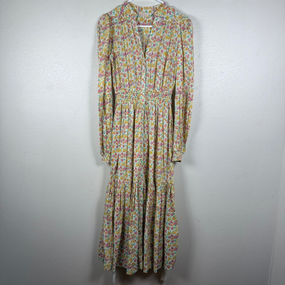 byTiMo Floral Cotton Maxi Dress XS Long Sleeve Smocked Waist Tiered Boho Pockets